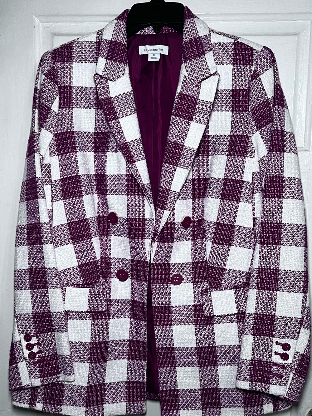 Liz Claiborne Plum and White Plaid Double-Breasted Blazer